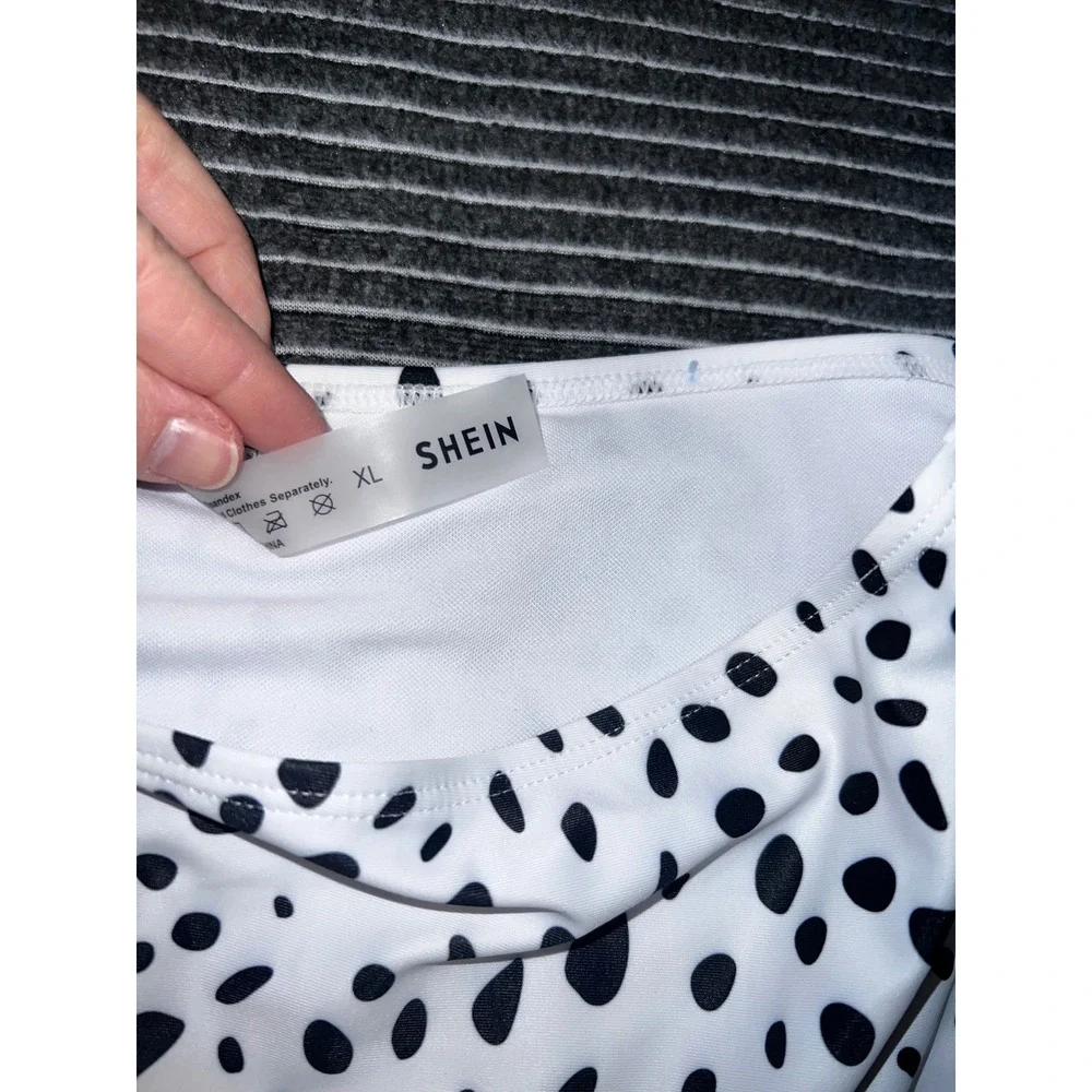 SHEIN Womens High Waisted Dalmatian Print‎ Bikini Bottoms XL White Black Spotted